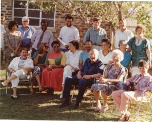 Above: Christian Institute staff mid 1970s. Back row: Denis Beckett, Merle ....., Peter Randall, Harry Ngada, ????, Malcolm McCarthy, Horst Kleinschmidt, ??? Front row: ??, ??, Oshadi Phakathi, Bev Wilkinson, ???, Patsy Kirkman, ??? ​Very front: Beyers and Ilse Naudé, Isobel Randall.